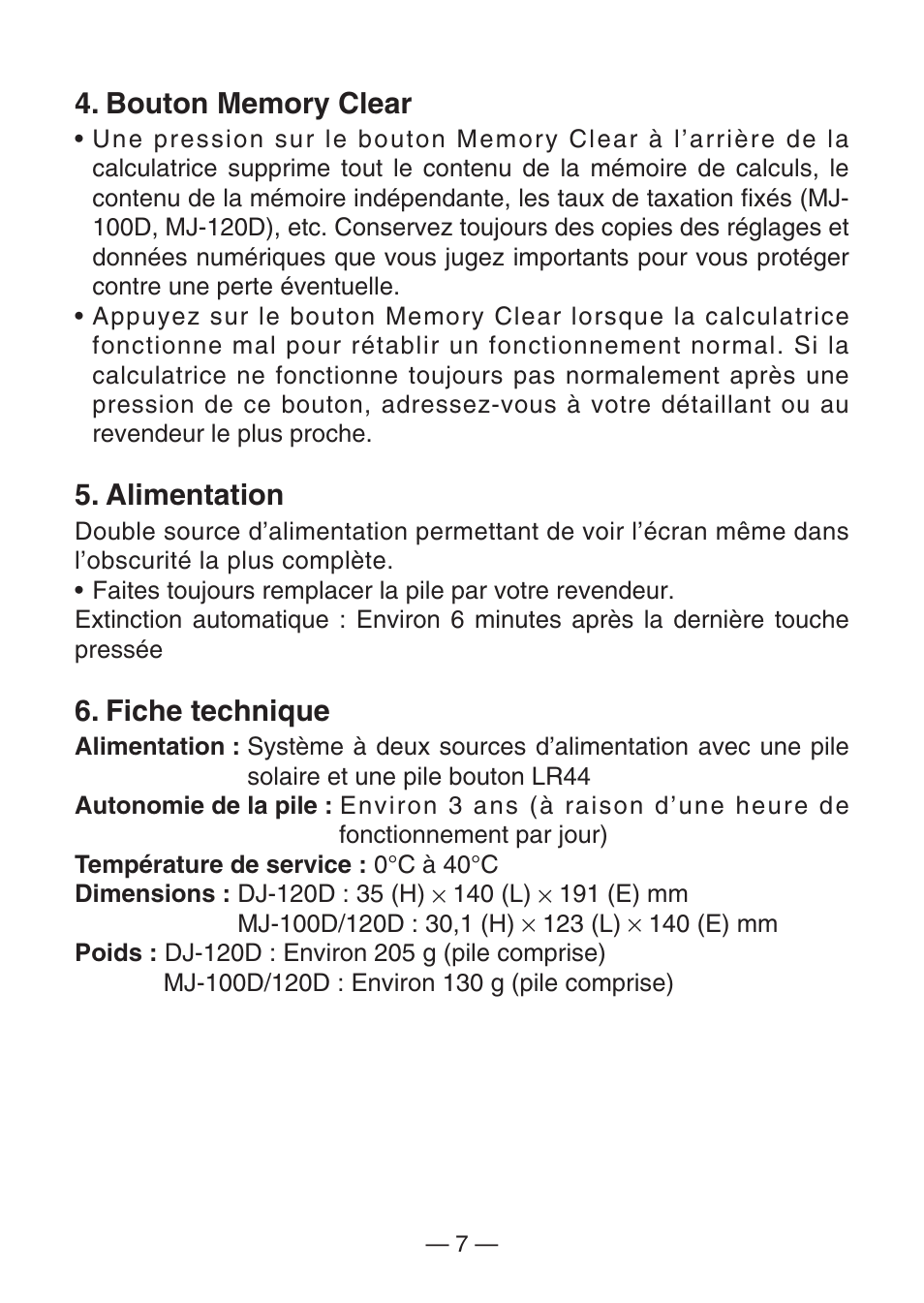 Alimentation, Fiche technique | Casio DJ-120D User Manual | Page 10 / 75