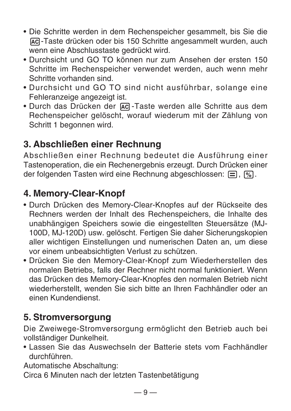 Abschließen einer rechnung, Stromversorgung | Casio DJ-120D User Manual | Page 12 / 75