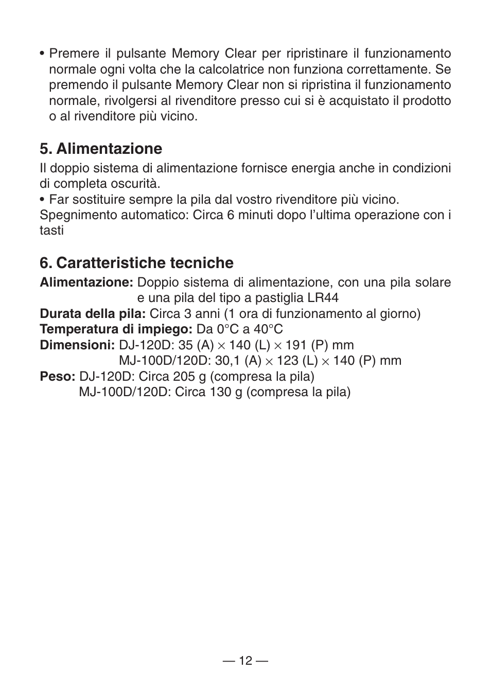 Alimentazione, Caratteristiche tecniche | Casio DJ-120D User Manual | Page 15 / 75