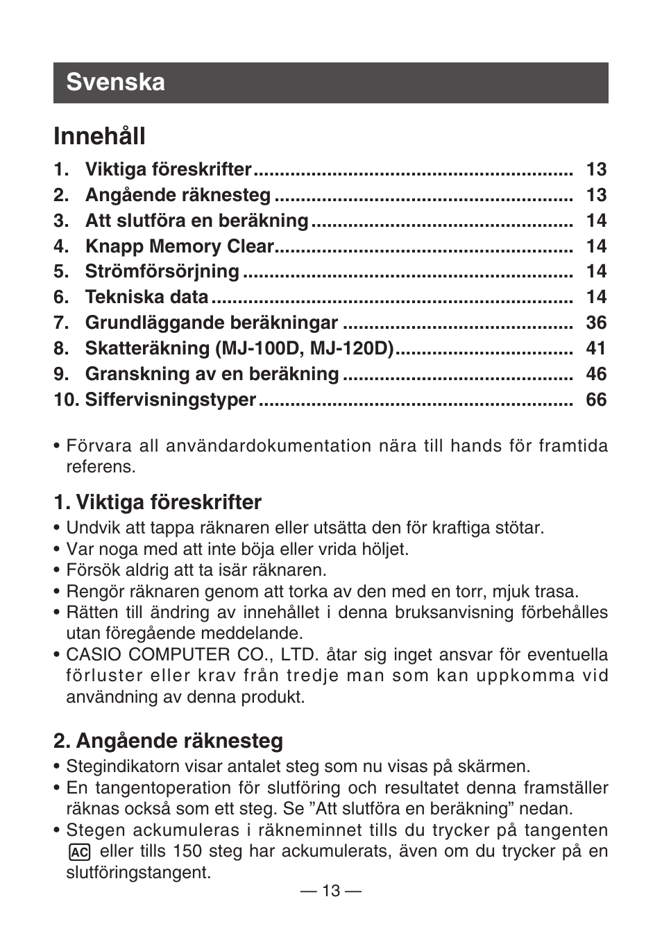 Svenska innehåll | Casio DJ-120D User Manual | Page 16 / 75