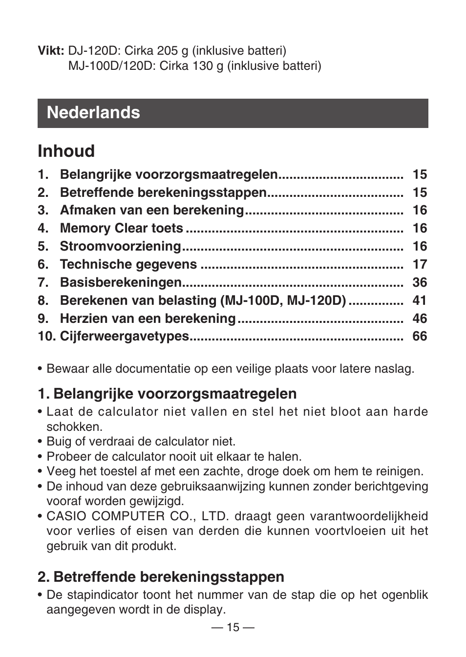 Nederlands inhoud | Casio DJ-120D User Manual | Page 18 / 75