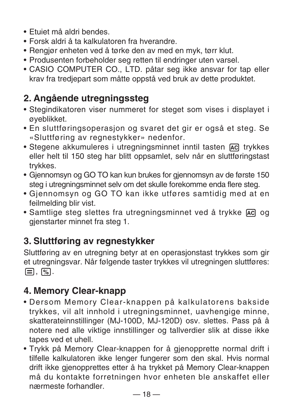 Angående utregningssteg, Sluttføring av regnestykker | Casio DJ-120D User Manual | Page 21 / 75