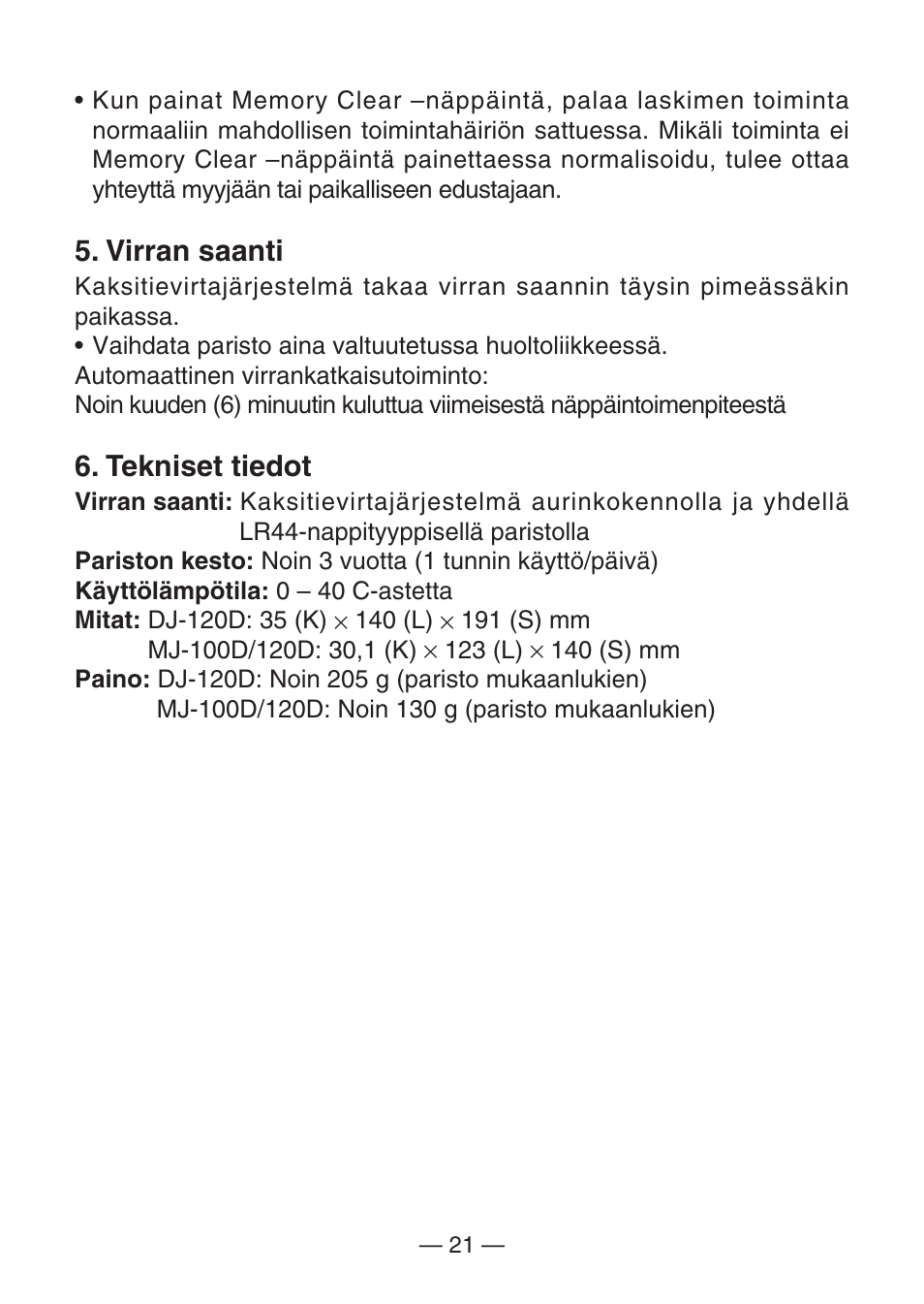 Virran saanti, Tekniset tiedot | Casio DJ-120D User Manual | Page 24 / 75