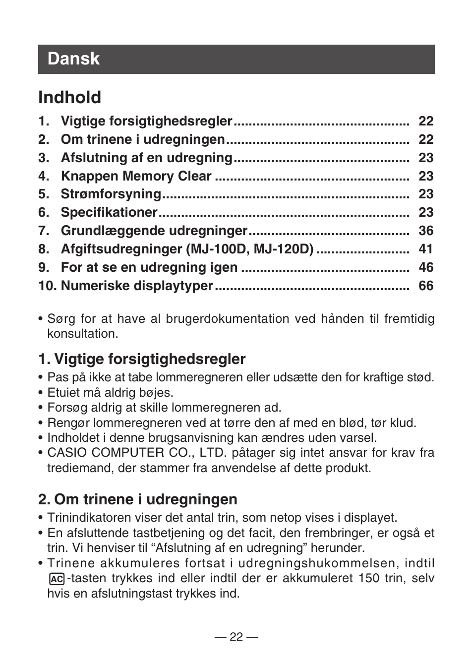 Dansk indhold | Casio DJ-120D User Manual | Page 25 / 75