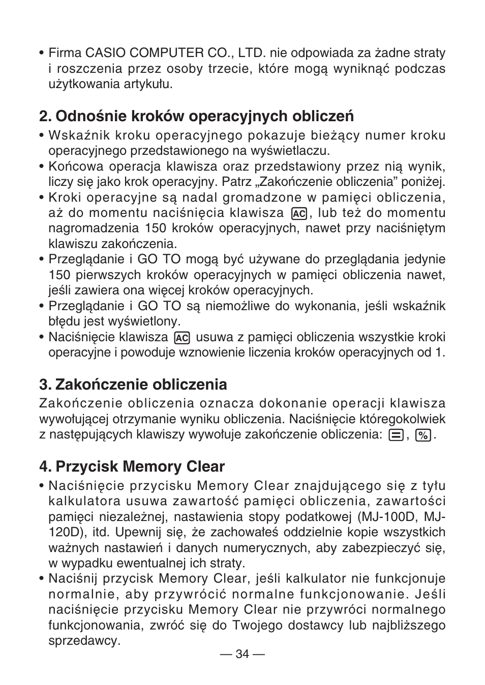 Odnośnie kroków operacyjnych obliczeń, Zakończenie obliczenia | Casio DJ-120D User Manual | Page 37 / 75