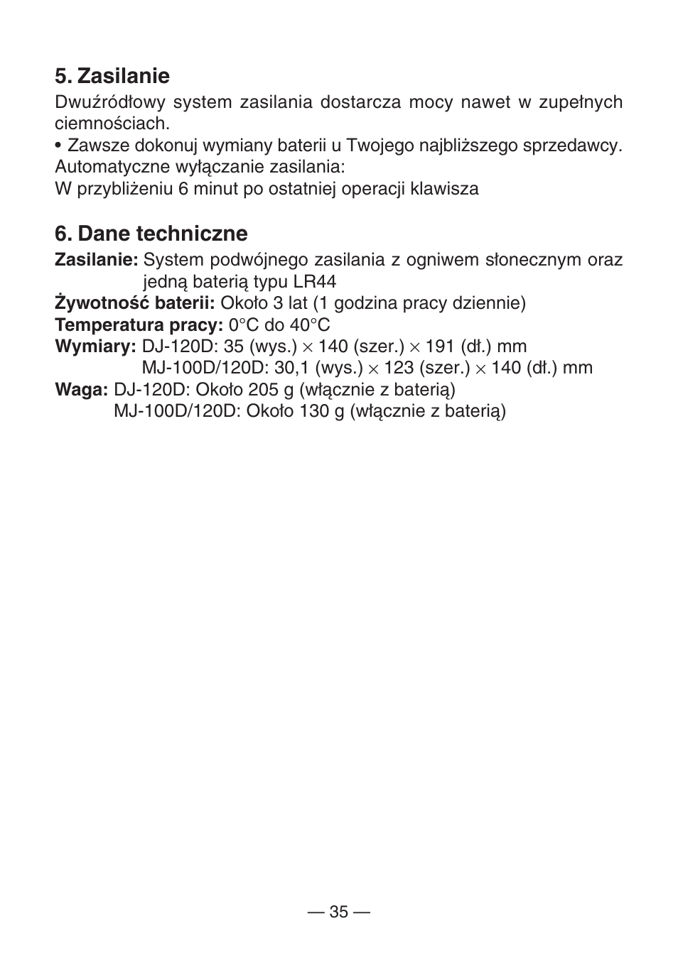 Zasilanie, Dane techniczne | Casio DJ-120D User Manual | Page 38 / 75