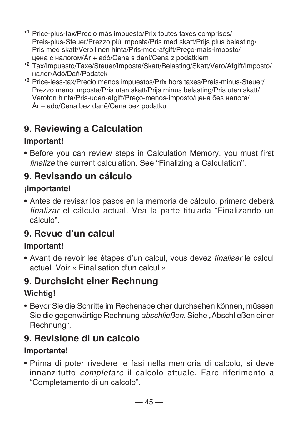 Reviewing a calculation, Revisando un cálculo, Revue d’un calcul | Durchsicht einer rechnung, Revisione di un calcolo | Casio DJ-120D User Manual | Page 48 / 75