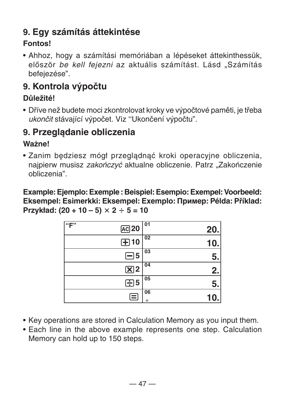 Egy számítás áttekintése, Kontrola výpočtu, Przeglądanie obliczenia | Casio DJ-120D User Manual | Page 50 / 75