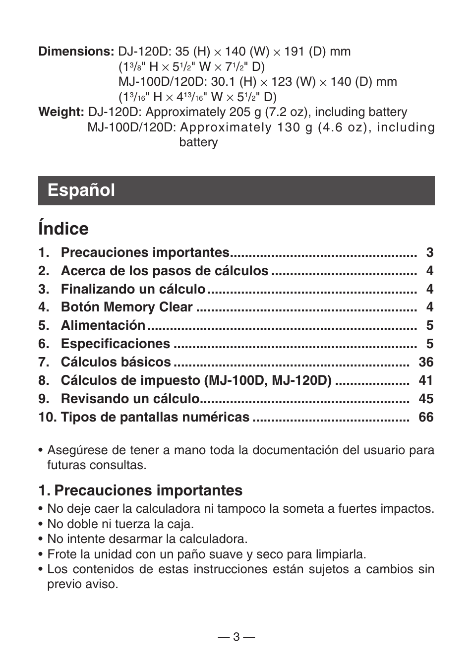 Español índice, Precauciones importantes | Casio DJ-120D User Manual | Page 6 / 75