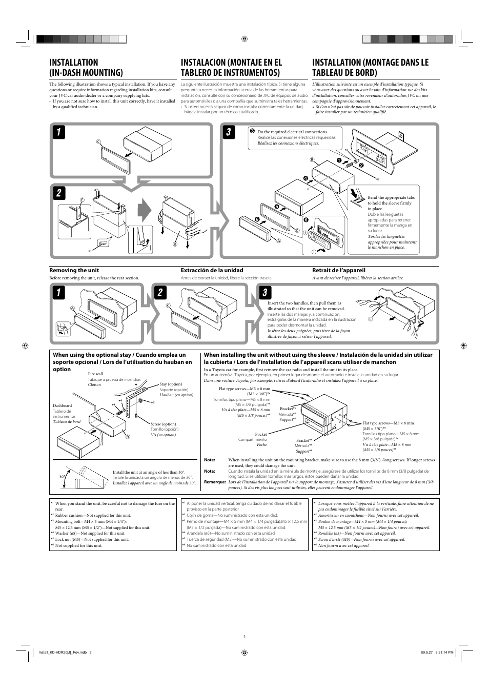Installation (in-dash mounting), Installation (montage dans le tableau de bord), Extracción de la unidad | Removing the unit, Retrait de l’appareil | JVC 1208MNMMDWJEIN User Manual | Page 2 / 4