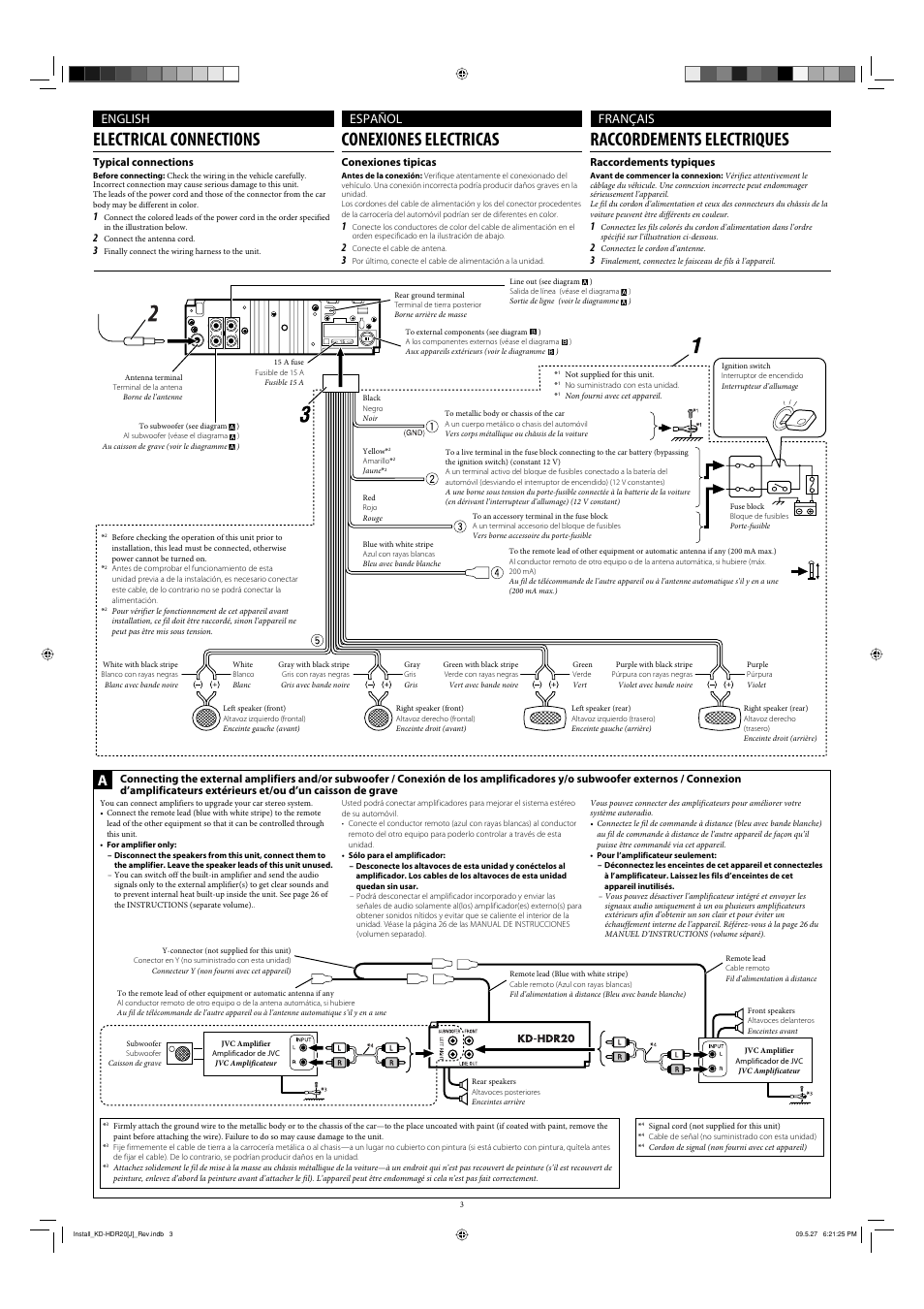 Electrical connections, Conexiones electricas, Raccordements electriques | English español français | JVC 1208MNMMDWJEIN User Manual | Page 3 / 4