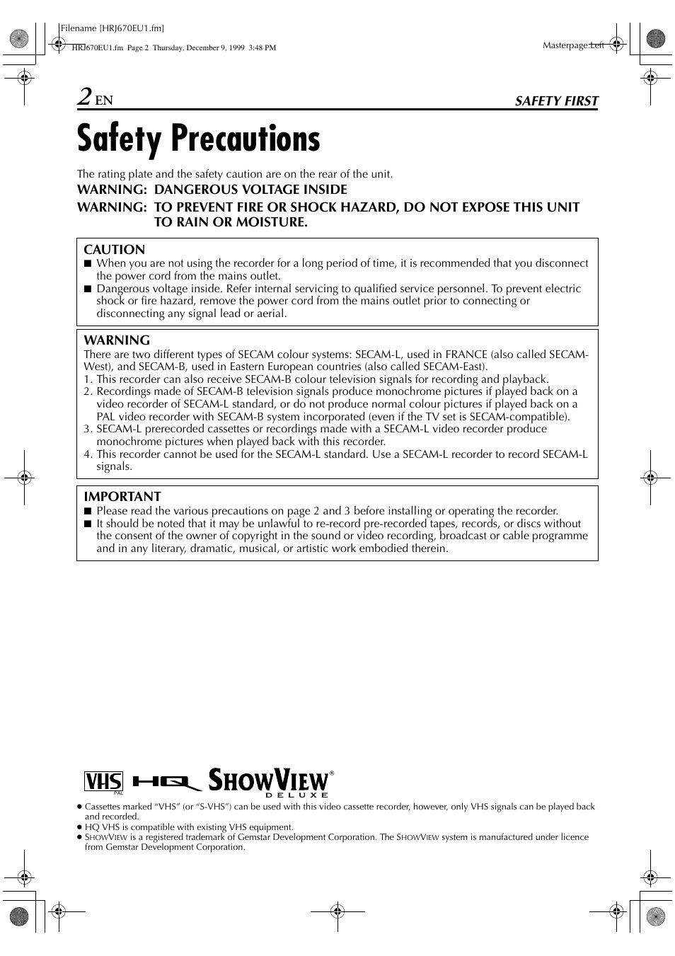 Safety precautions, En safety first, Warning | Important | JVC HR-272EU User Manual | Page 2 / 56