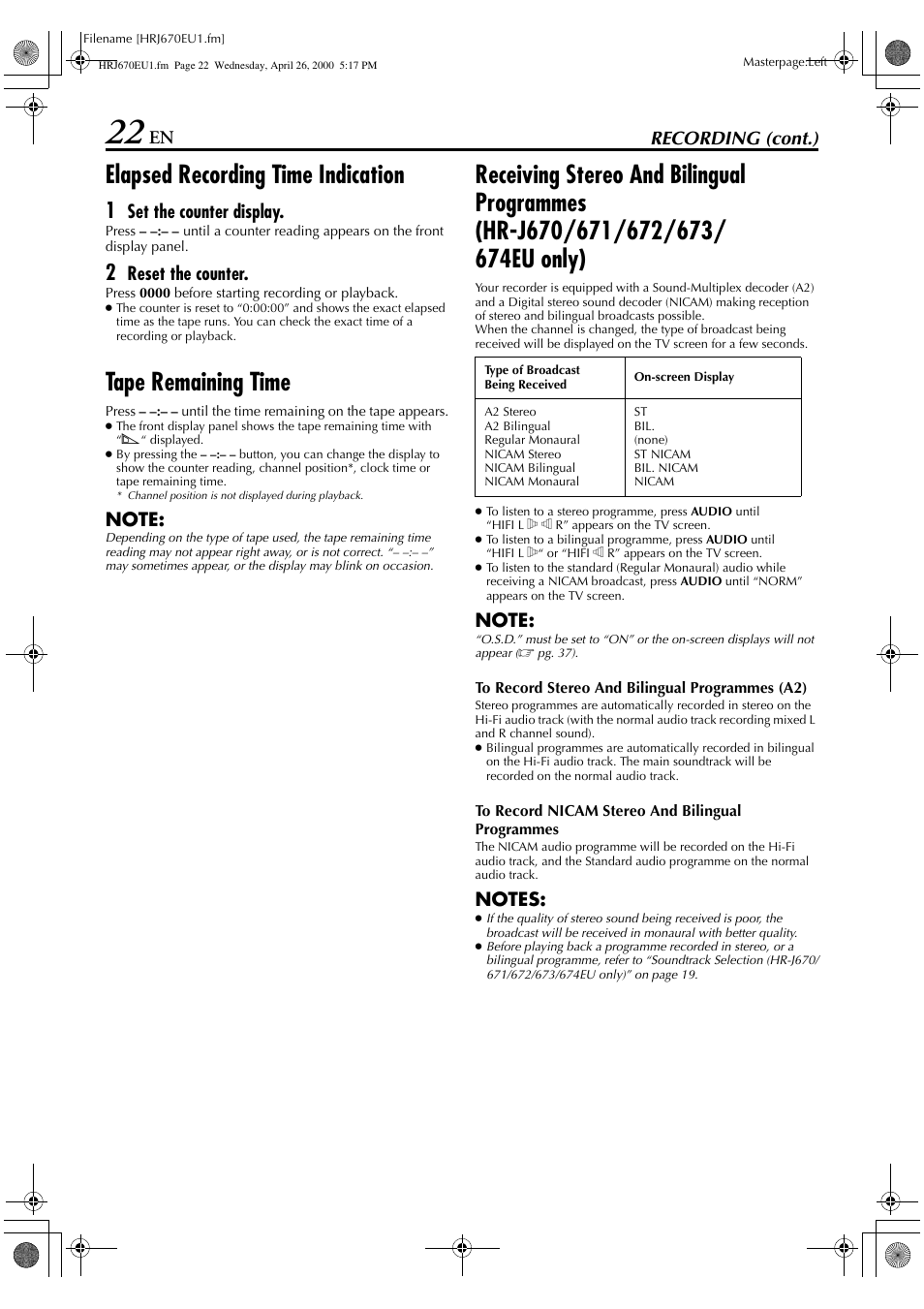 Elapsed recording time indication, Tape remaining time, En recording (cont.) | Set the counter display, Reset the counter | JVC HR-272EU User Manual | Page 22 / 56