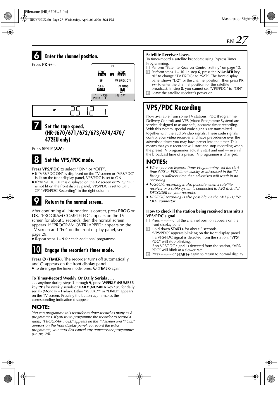 Vps/pdc recording | JVC HR-272EU User Manual | Page 27 / 56