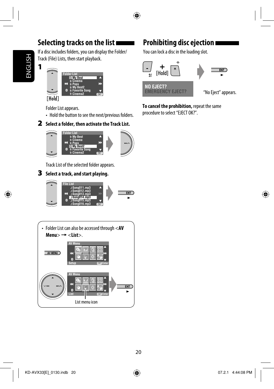 Selecting tracks on the list, Prohibiting disc ejection, English | JVC KD-AVX33 User Manual | Page 100 / 382