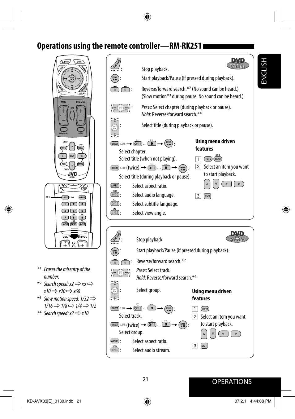 Operations using the remote controller—rm-rk251, Operations, English | JVC KD-AVX33 User Manual | Page 101 / 382