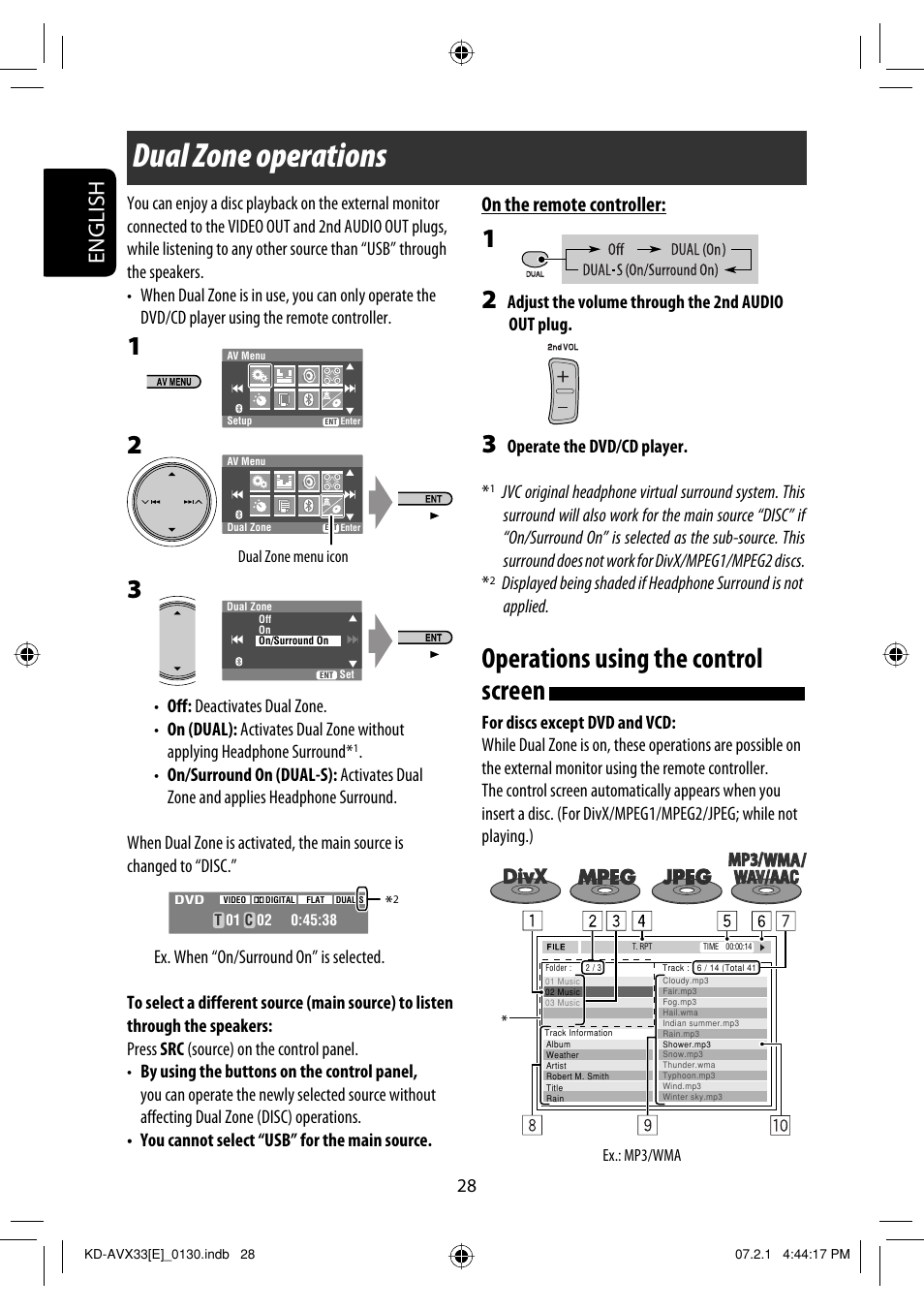 Dual zone operations, Operations using the control screen, English | On the remote controller, Adjust the volume through the 2nd audio out plug, Operate the dvd/cd player | JVC KD-AVX33 User Manual | Page 108 / 382