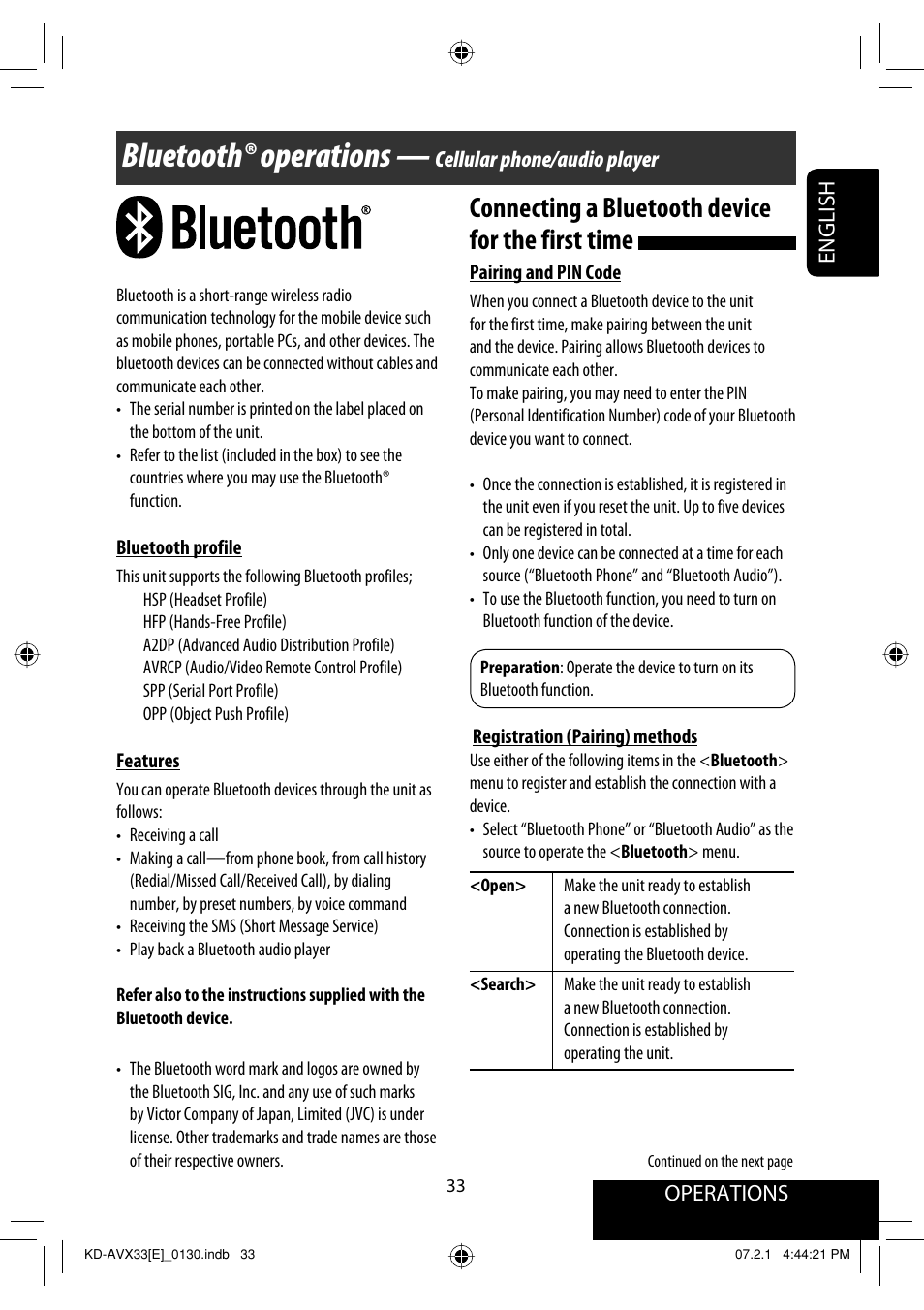 Bluetooth® operations, Connecting a bluetooth device for the first time, Operations | English, Cellular phone/audio player | JVC KD-AVX33 User Manual | Page 113 / 382