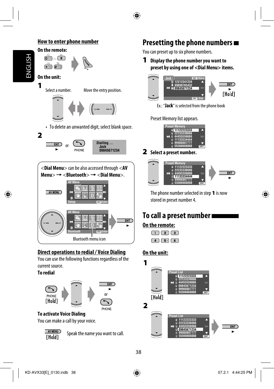 Presetting the phone numbers, English, On the remote: on the unit | How to enter phone number, Direct operations to redial / voice dialing, You can preset up to six phone numbers, Jack, Speak the name you want to call, Is selected from the phone book, Bluetooth menu icon | JVC KD-AVX33 User Manual | Page 118 / 382