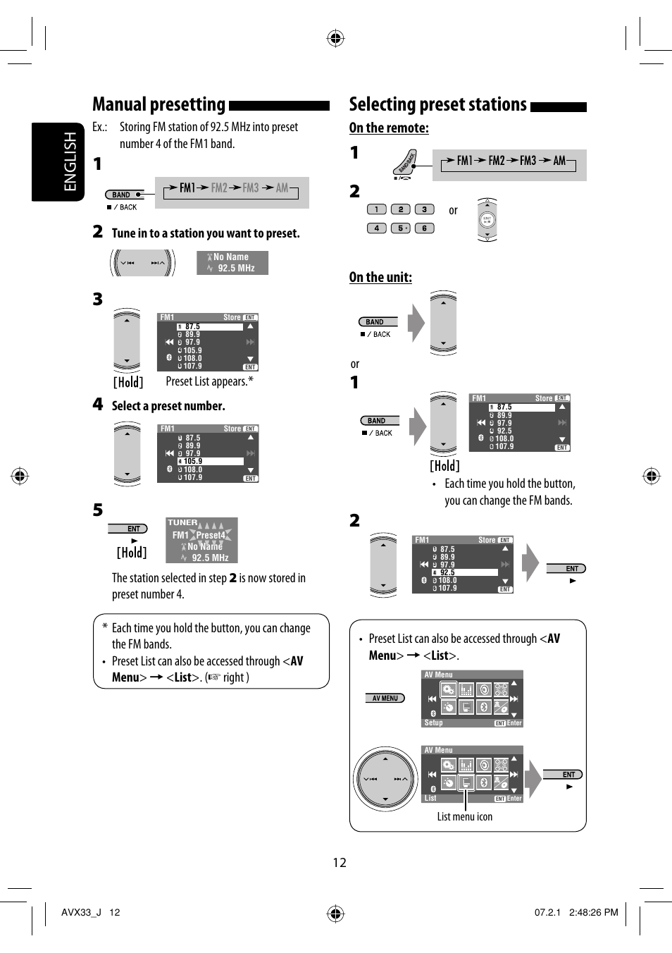 Selecting preset stations, Manual presetting, English | On the remote, On the unit, Tune in to a station you want to preset, Select a preset number, Preset list appears | JVC KD-AVX33 User Manual | Page 12 / 382