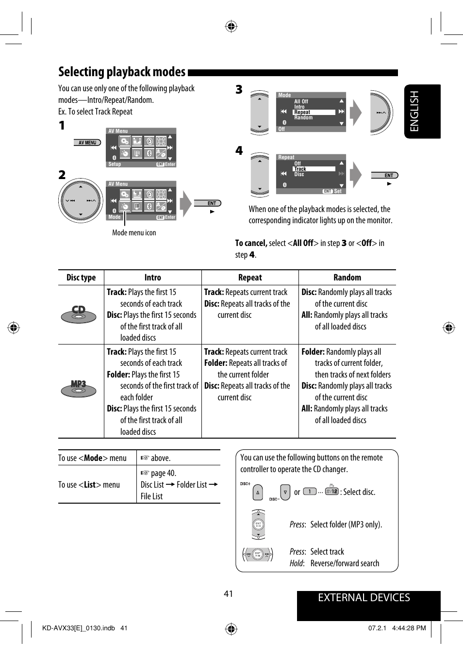 Selecting playback modes, External devices english | JVC KD-AVX33 User Manual | Page 121 / 382