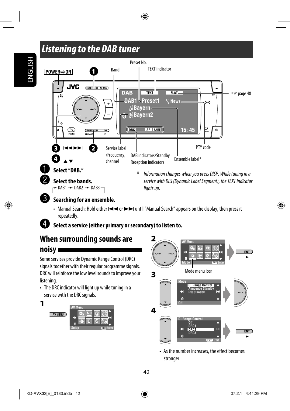 Listening to the dab tuner, When surrounding sounds are noisy, English | Select “dab, Select the bands, Searching for an ensemble | JVC KD-AVX33 User Manual | Page 122 / 382