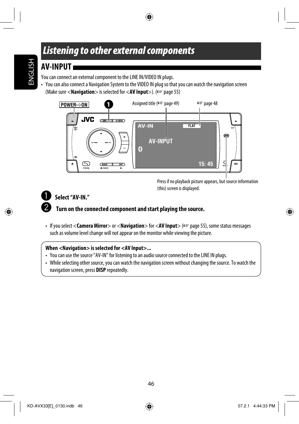 Listening to other external components, Av-input, English | JVC KD-AVX33 User Manual | Page 126 / 382