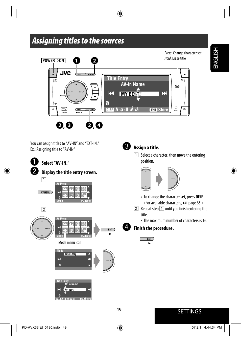 Assigning titles to the sources, Settings, English | Select “av-in, Display the title entry screen, Assign a title, Finish the procedure | JVC KD-AVX33 User Manual | Page 129 / 382