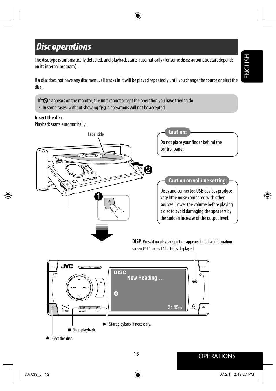 Disc operations, Operations, English | JVC KD-AVX33 User Manual | Page 13 / 382