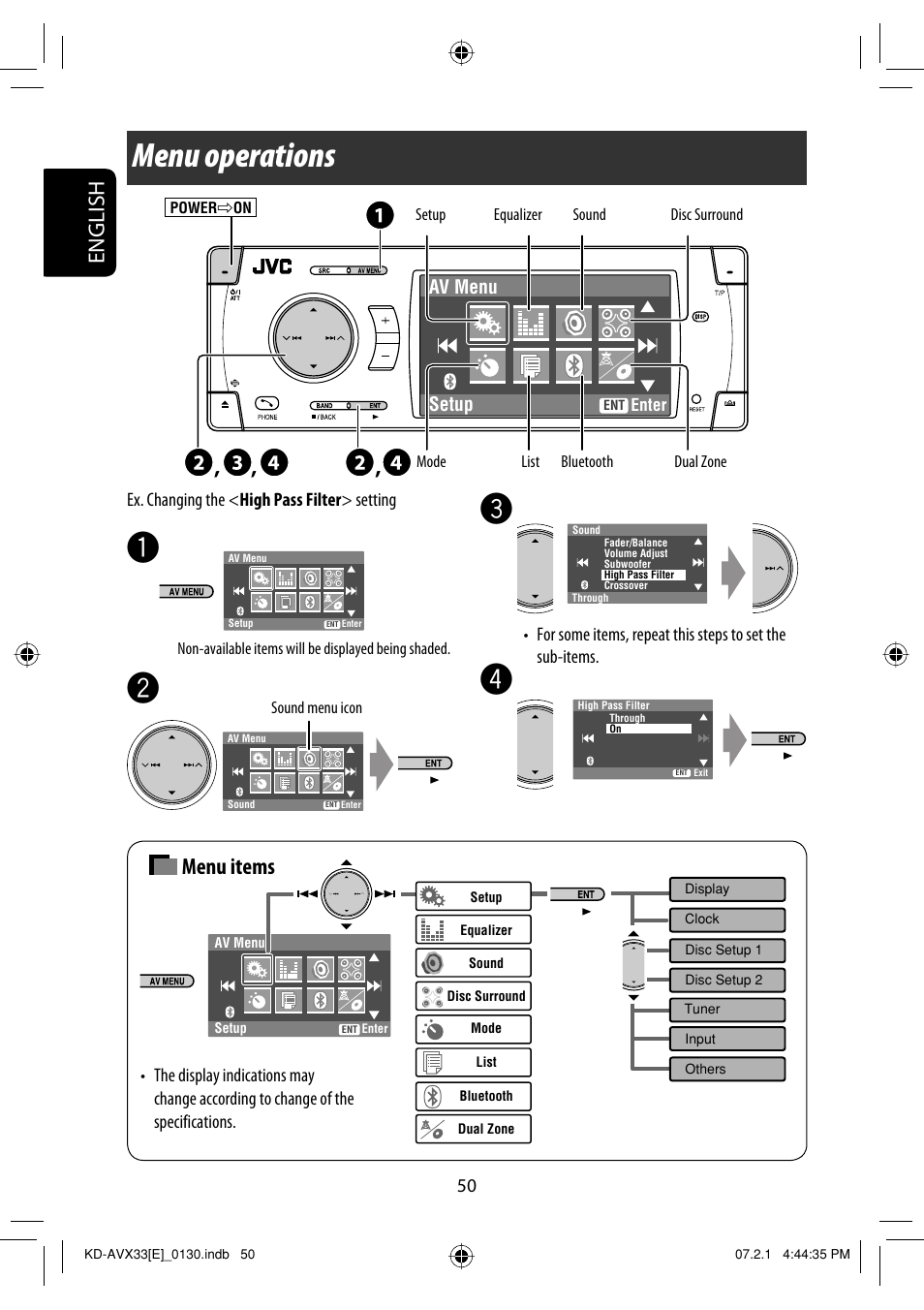 Menu operations, English, Menu items | JVC KD-AVX33 User Manual | Page 130 / 382