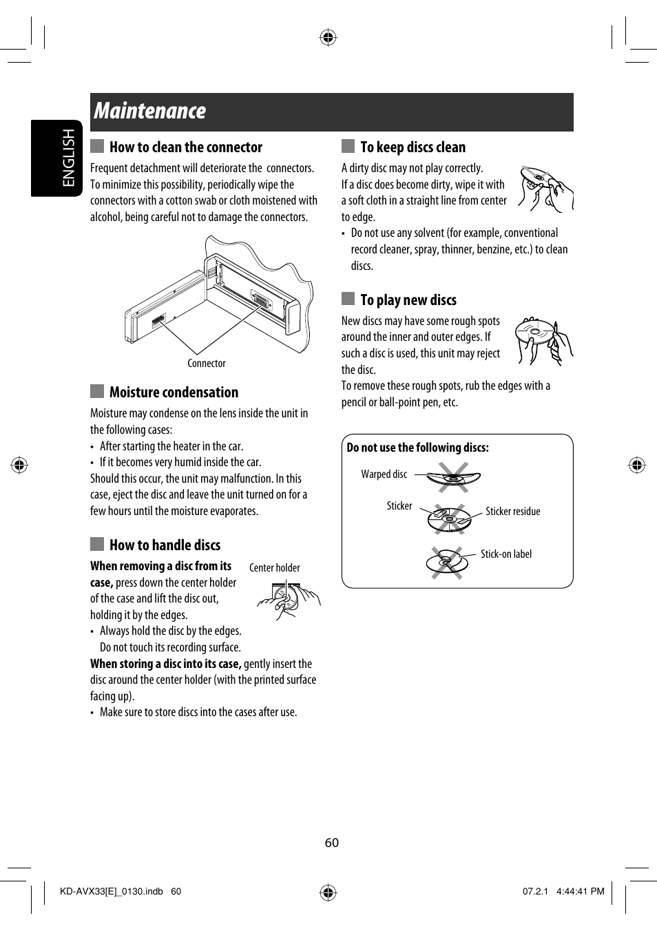 Maintenance, English, How to clean the connector | Moisture condensation, How to handle discs | JVC KD-AVX33 User Manual | Page 140 / 382