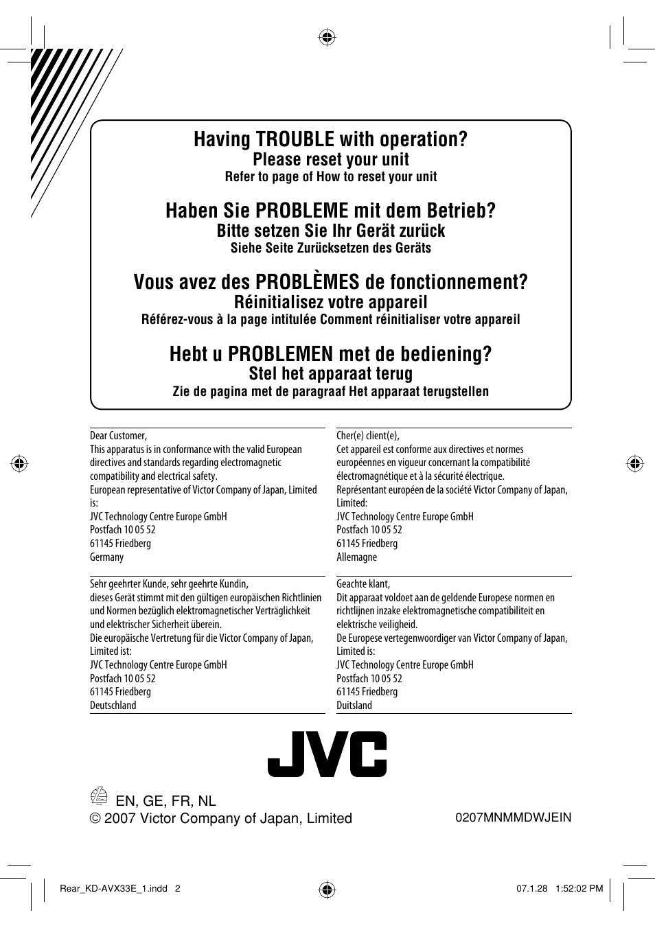 Having trouble with operation, Haben sie probleme mit dem betrieb, Vous avez des problèmes de fonctionnement | Hebt u problemen met de bediening, Please reset your unit, Bitte setzen sie ihr gerät zurück, Réinitialisez votre appareil, Stel het apparaat terug | JVC KD-AVX33 User Manual | Page 152 / 382