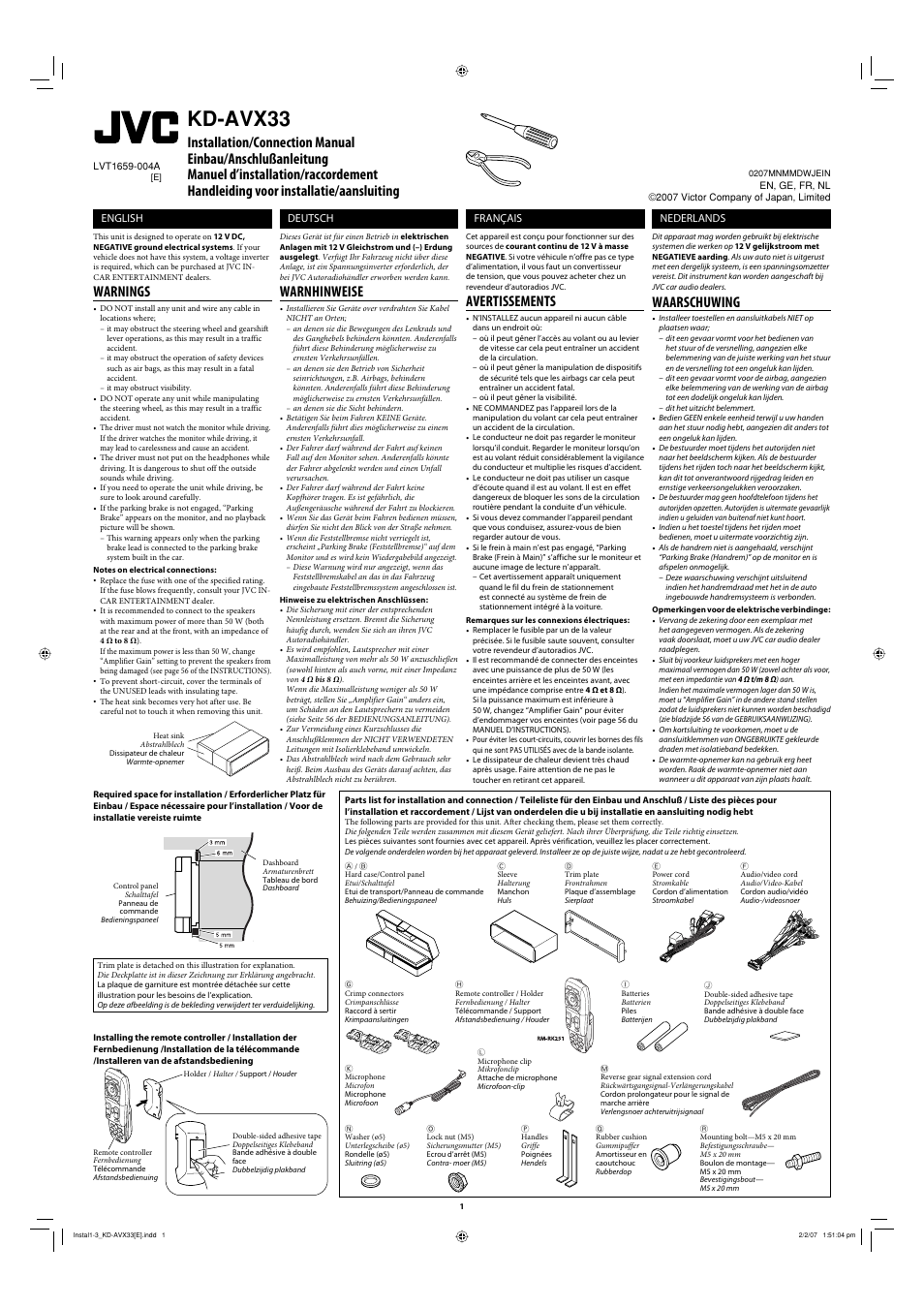 Installation/connection manual, Warnings, Parts list for installation and connection | Kd-avx33, Avertissements, Waarschuwing, Warnhinweise, English, Deutsch, Français | JVC KD-AVX33 User Manual | Page 153 / 382