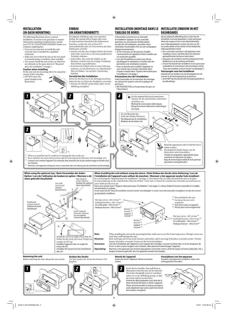 Installation, Removing the unit, Installation (in-dash mounting) | Einbau (im armaturenbrett), Installation (montage dans le tableau de bord), Installatie (inbouw in het dashboard) | JVC KD-AVX33 User Manual | Page 154 / 382