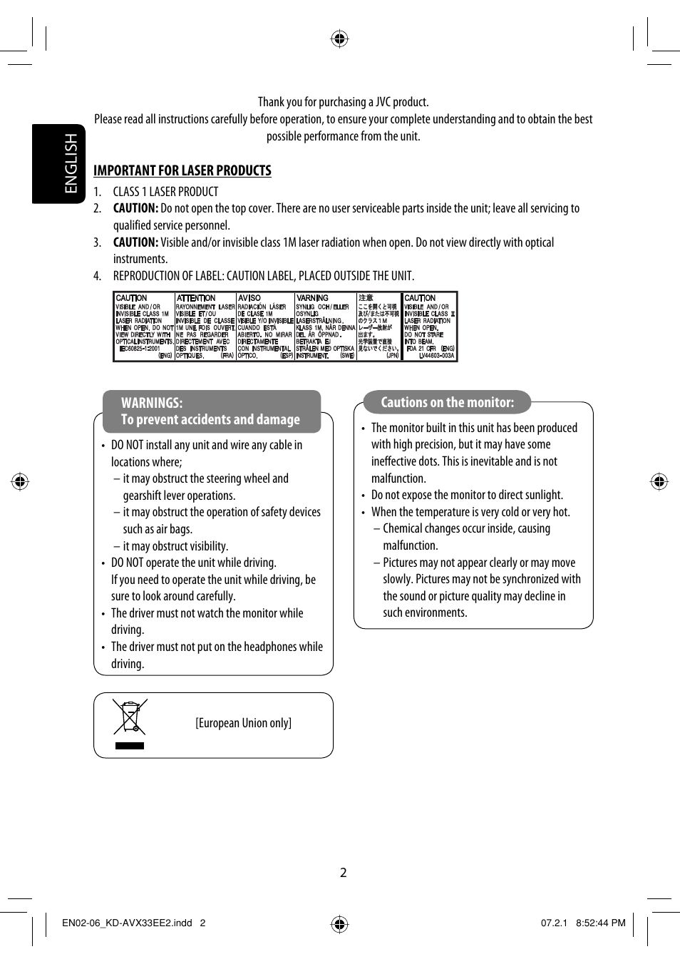 Important for laser products, English | JVC KD-AVX33 User Manual | Page 160 / 382