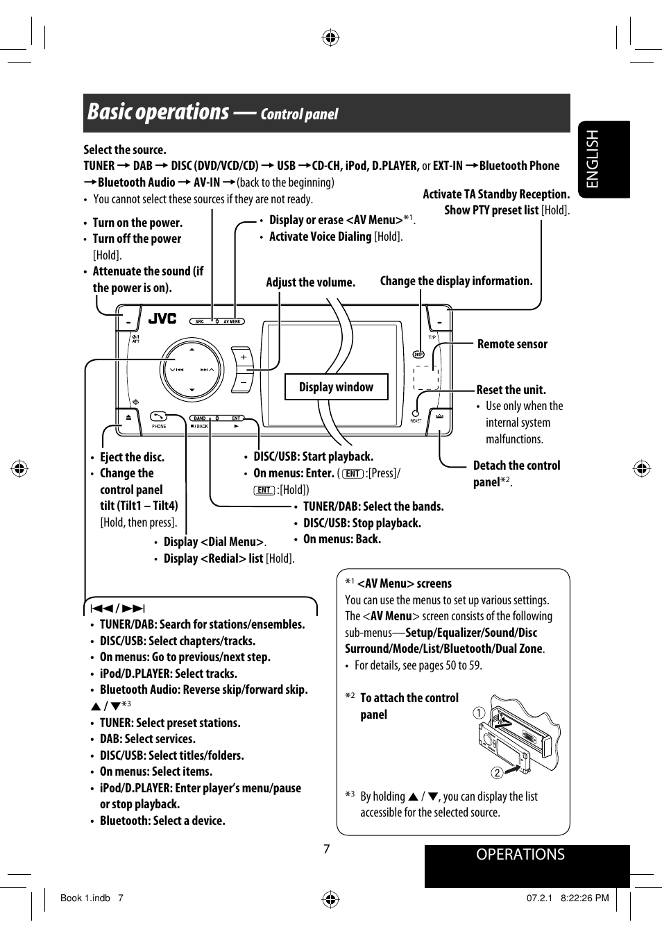 Basic operations — control panel, Basic operations, Operations | English, Control panel | JVC KD-AVX33 User Manual | Page 165 / 382