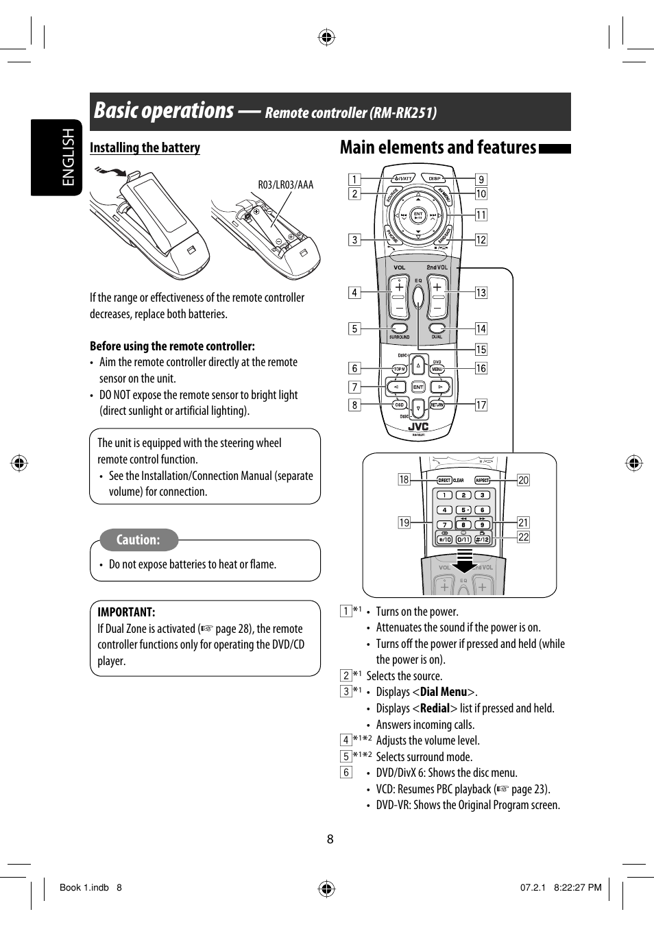 Basic operations — remote controller, Basic operations, Main elements and features | English, Remote controller (rm-rk251) | JVC KD-AVX33 User Manual | Page 166 / 382