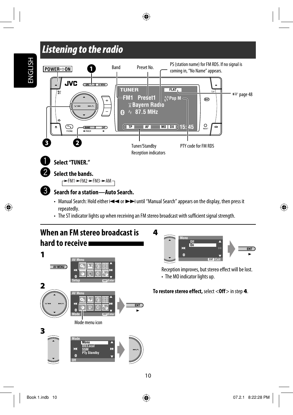 Listening to the radio, When an fm stereo broadcast is hard to receive, English | Select “tuner, Select the bands, Search for a station—auto search | JVC KD-AVX33 User Manual | Page 168 / 382