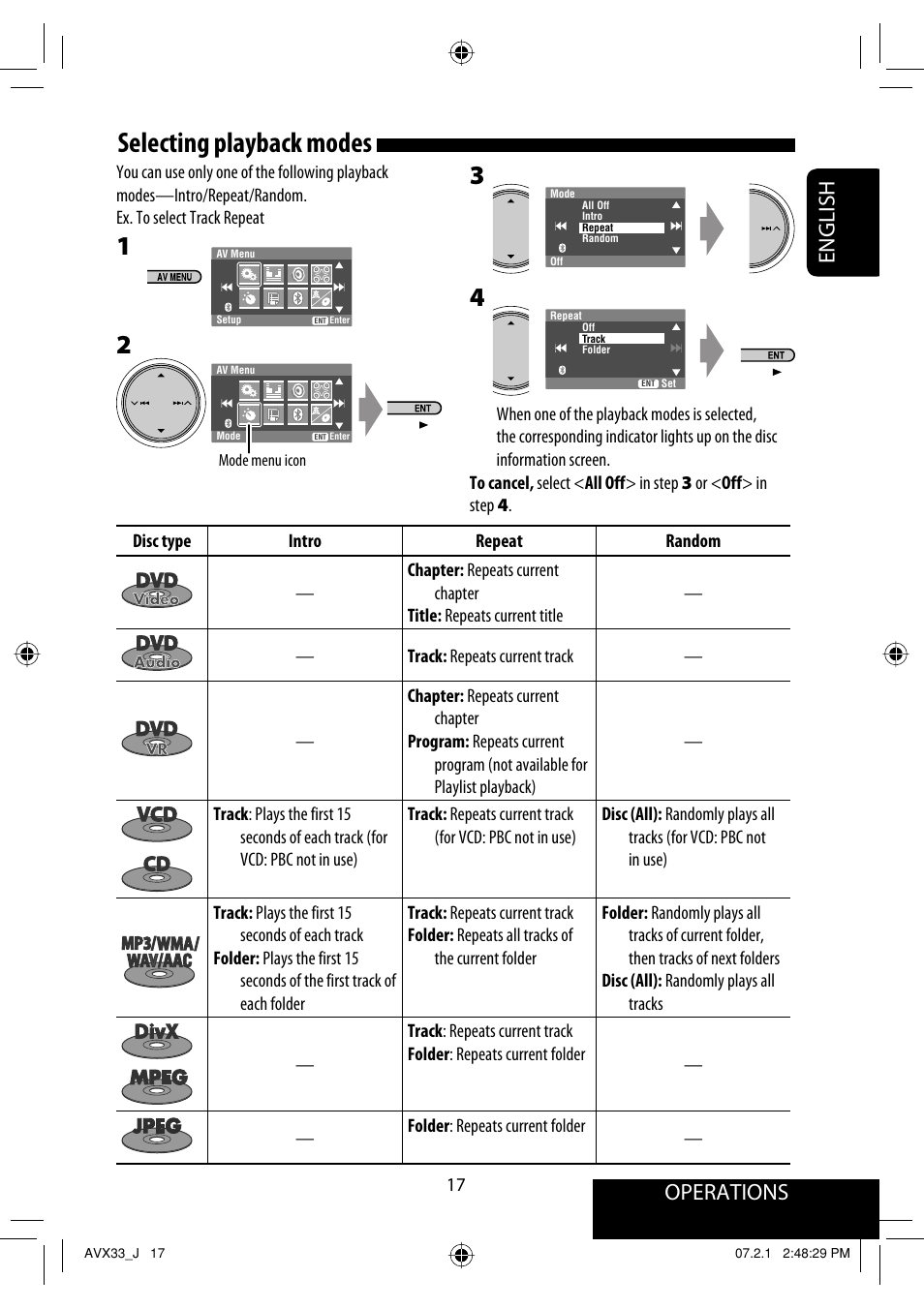 Selecting playback modes, Operations, English | JVC KD-AVX33 User Manual | Page 17 / 382