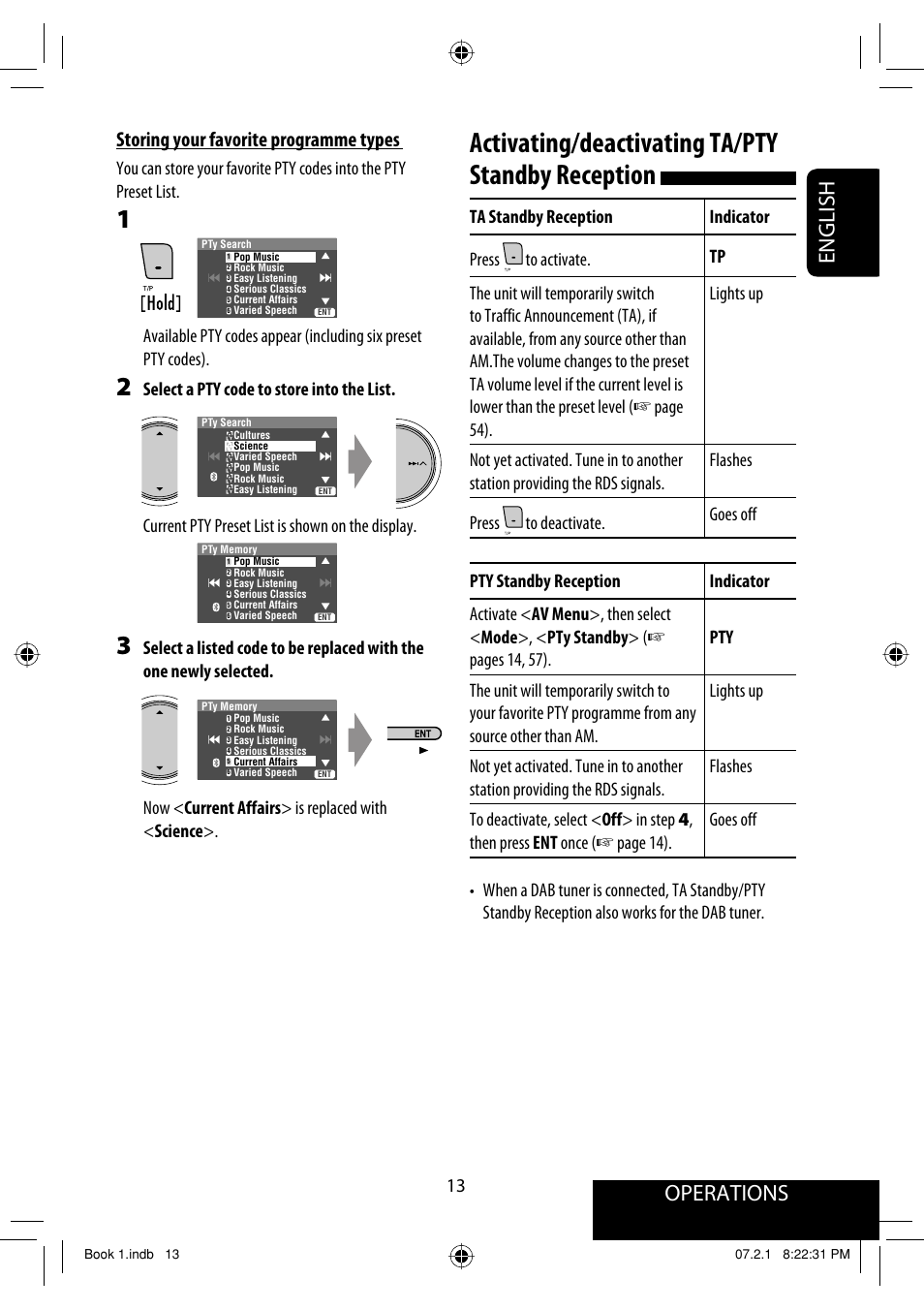 Activating/deactivating ta/pty standby reception, Operations, English | Storing your favorite programme types | JVC KD-AVX33 User Manual | Page 171 / 382