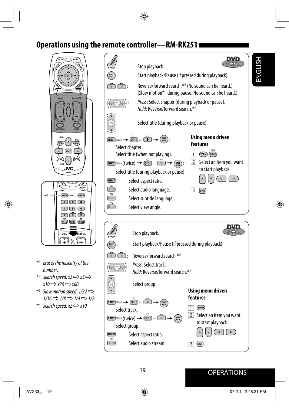 Operations using the remote controller—rm-rk251, Operations, English | JVC KD-AVX33 User Manual | Page 19 / 382