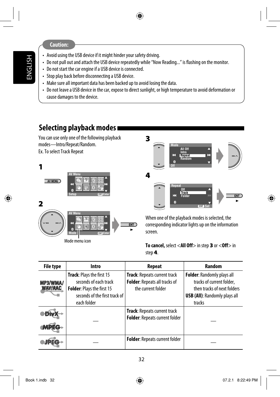 Selecting playback modes, English, Caution | JVC KD-AVX33 User Manual | Page 190 / 382