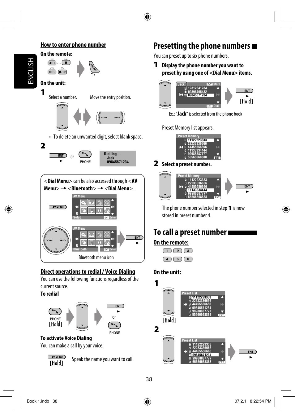 Presetting the phone numbers, English, On the remote: on the unit | How to enter phone number, Direct operations to redial / voice dialing, You can preset up to six phone numbers, Jack, Speak the name you want to call, Is selected from the phone book, Bluetooth menu icon | JVC KD-AVX33 User Manual | Page 196 / 382