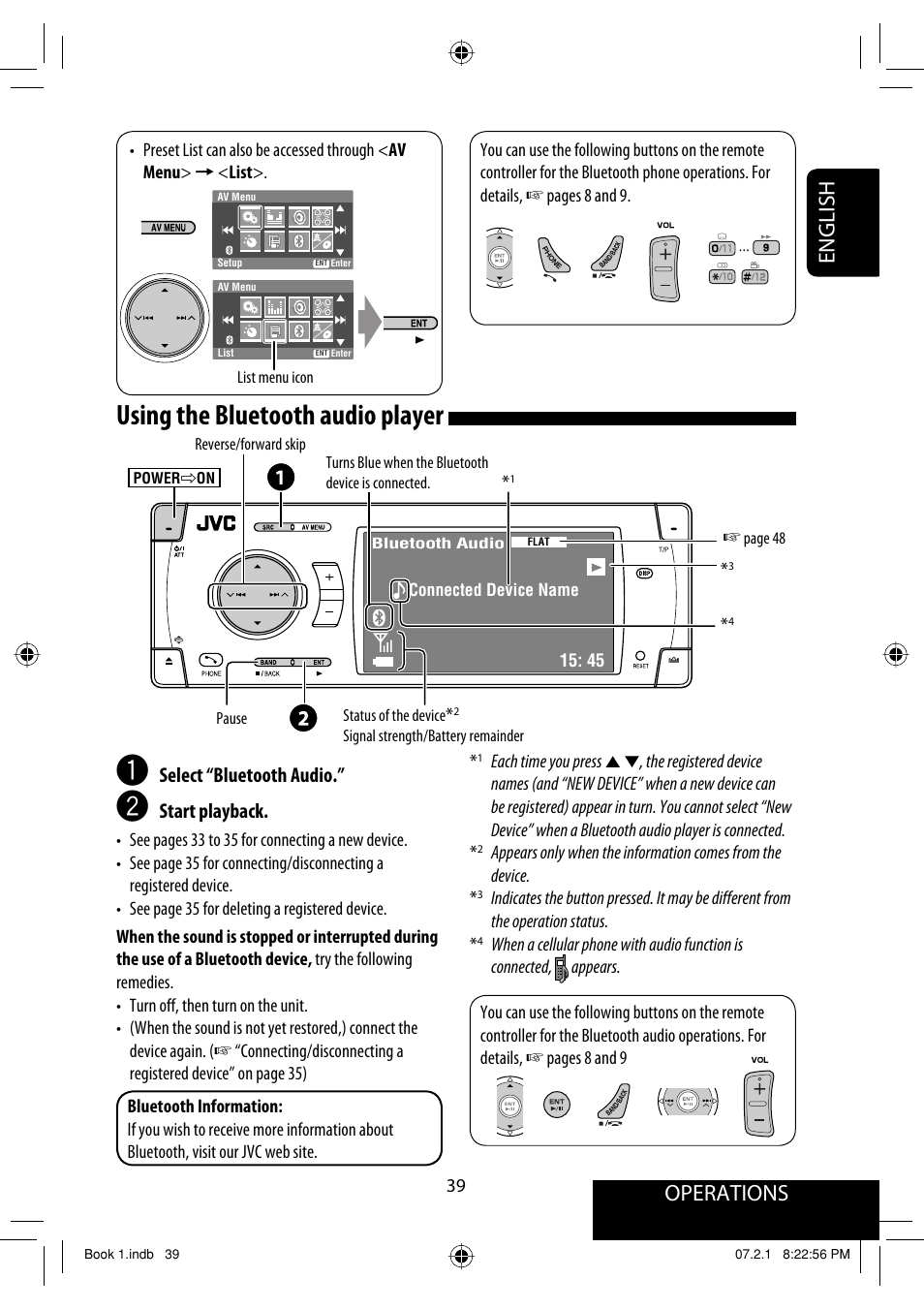 Using the bluetooth audio player, Operations, English | Select “bluetooth audio, Start playback | JVC KD-AVX33 User Manual | Page 197 / 382