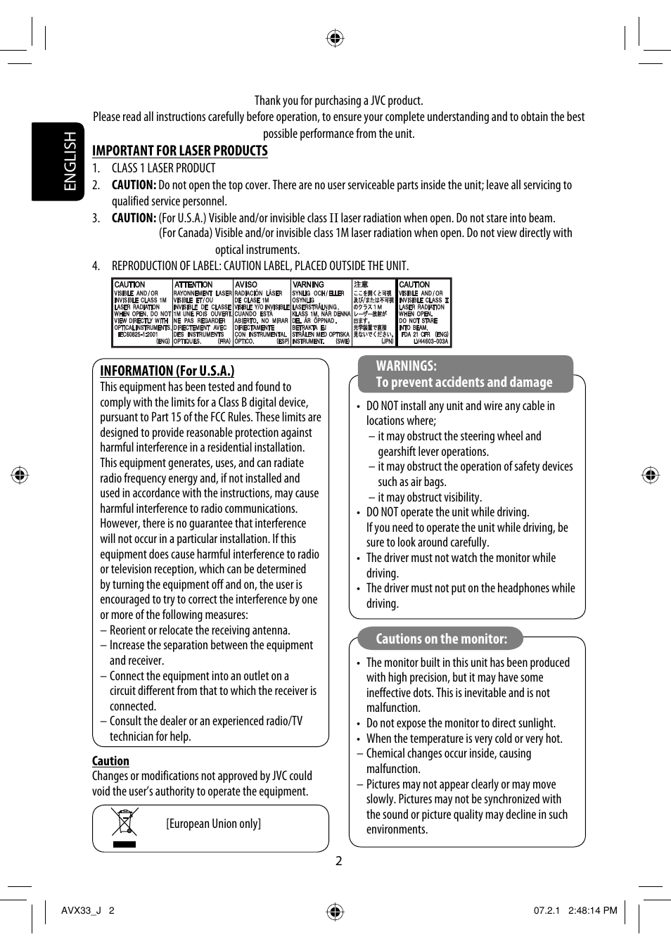 Important for laser products, English | JVC KD-AVX33 User Manual | Page 2 / 382