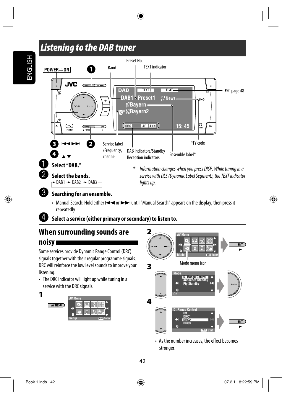 Listening to the dab tuner, When surrounding sounds are noisy, English | Select “dab, Select the bands, Searching for an ensemble | JVC KD-AVX33 User Manual | Page 200 / 382