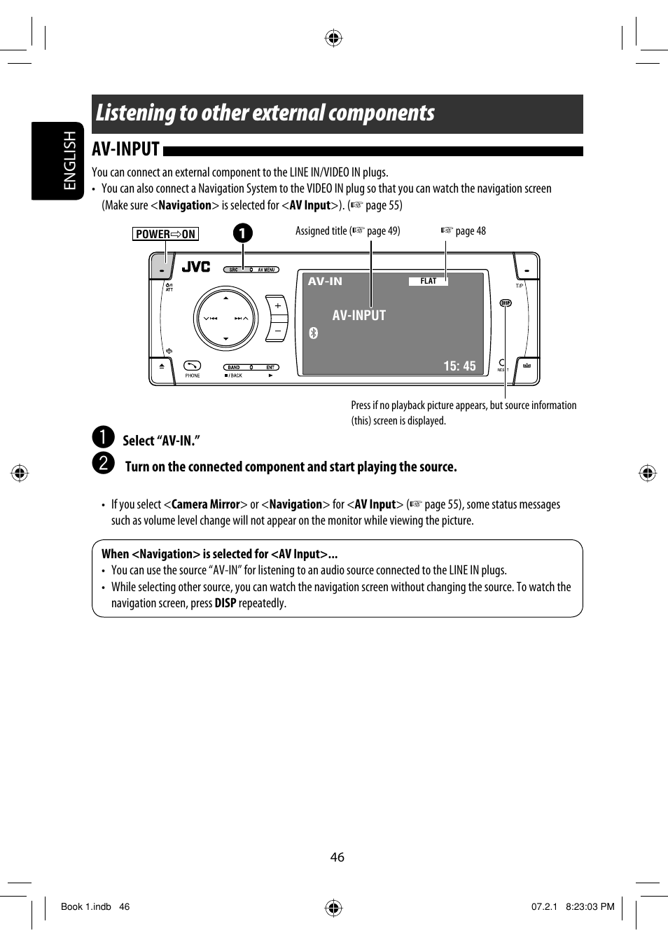 Listening to other external components, Av-input, English | JVC KD-AVX33 User Manual | Page 204 / 382