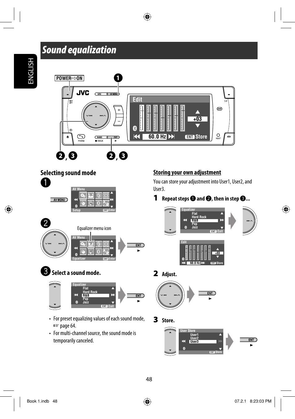 Sound equalization, English selecting sound mode, Select a sound mode | Storing your own adjustment | JVC KD-AVX33 User Manual | Page 206 / 382