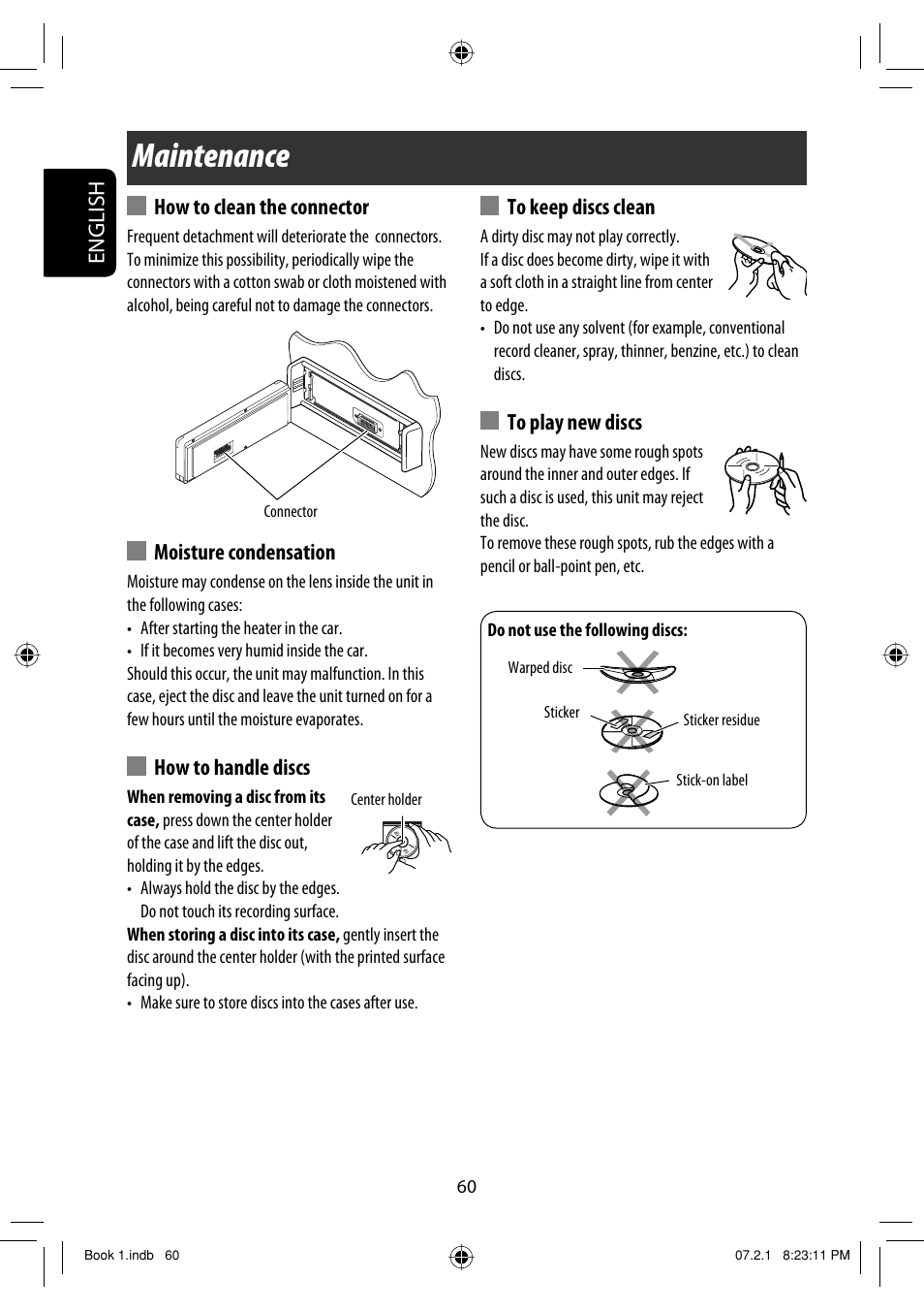 Maintenance, English, How to clean the connector | Moisture condensation, How to handle discs | JVC KD-AVX33 User Manual | Page 218 / 382