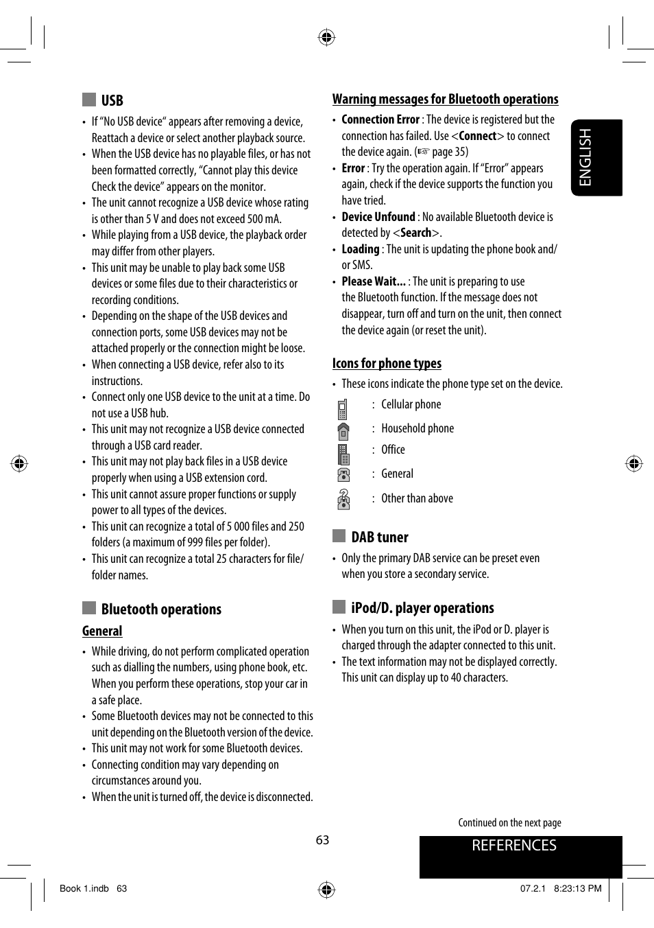 References english, Dab tuner, Ipod/d. player operations | Bluetooth operations | JVC KD-AVX33 User Manual | Page 221 / 382